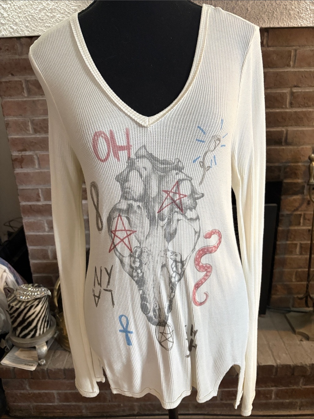 Chaser Cream Graphic V-Neck Long Sleeve Tee with Multicolor Print